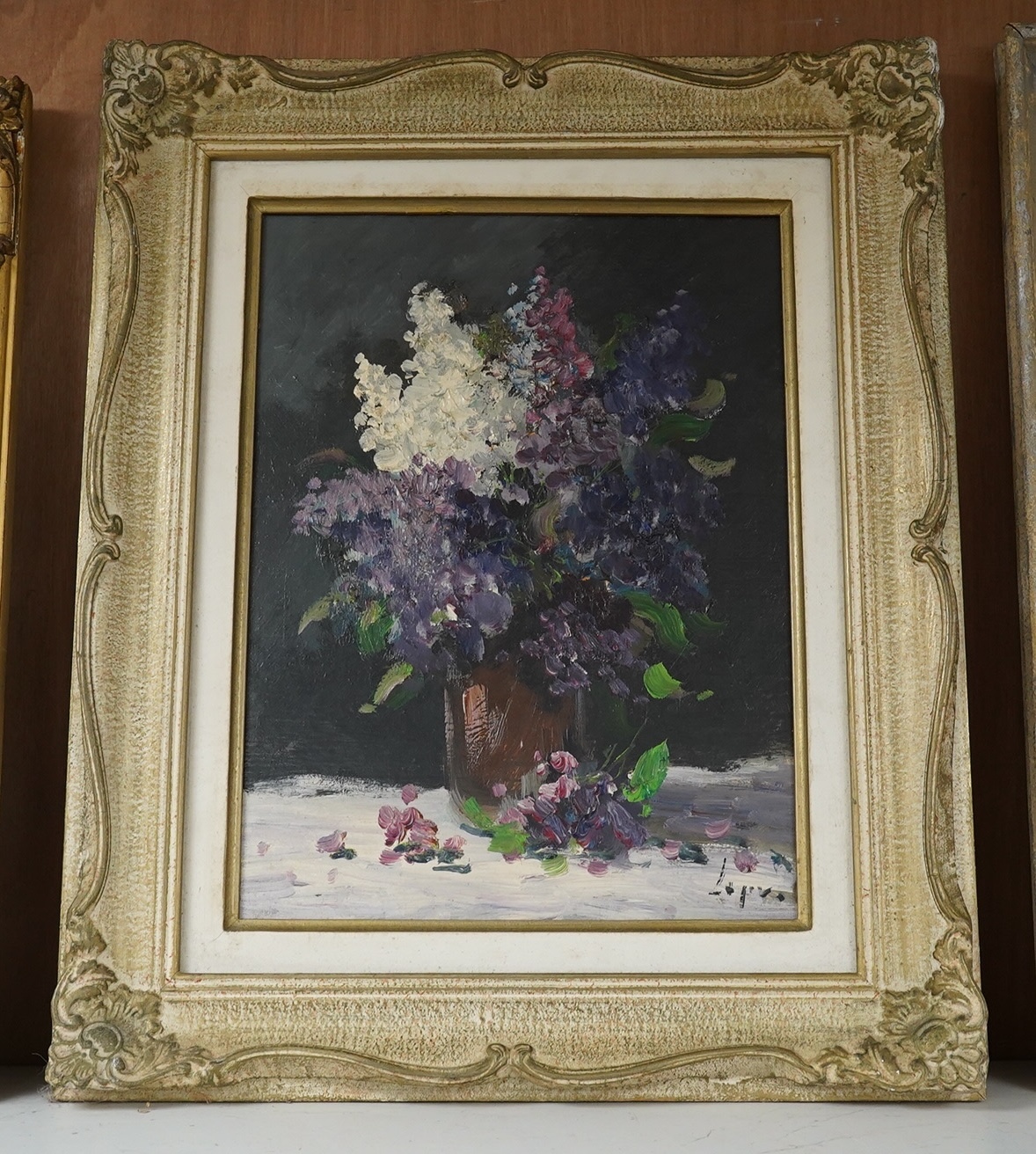 Impasto oil on board, Still life of flowers in a vase, indistinctly signed lower right, 39 x 29cm, ornately framed. Condition - good